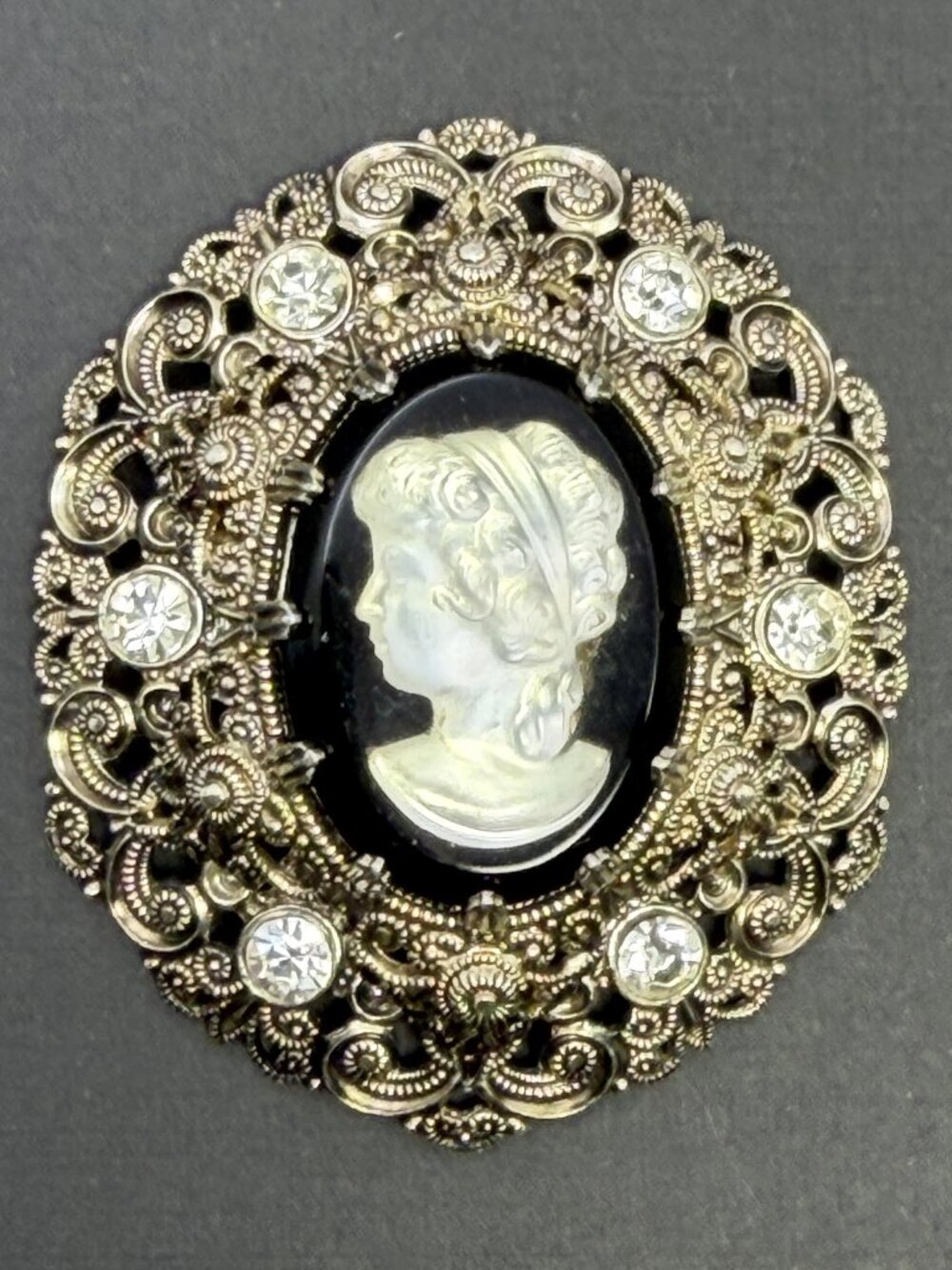 Vintage W Germany Cameo Brooch Black White Rhinestone Silver Tone Filigree